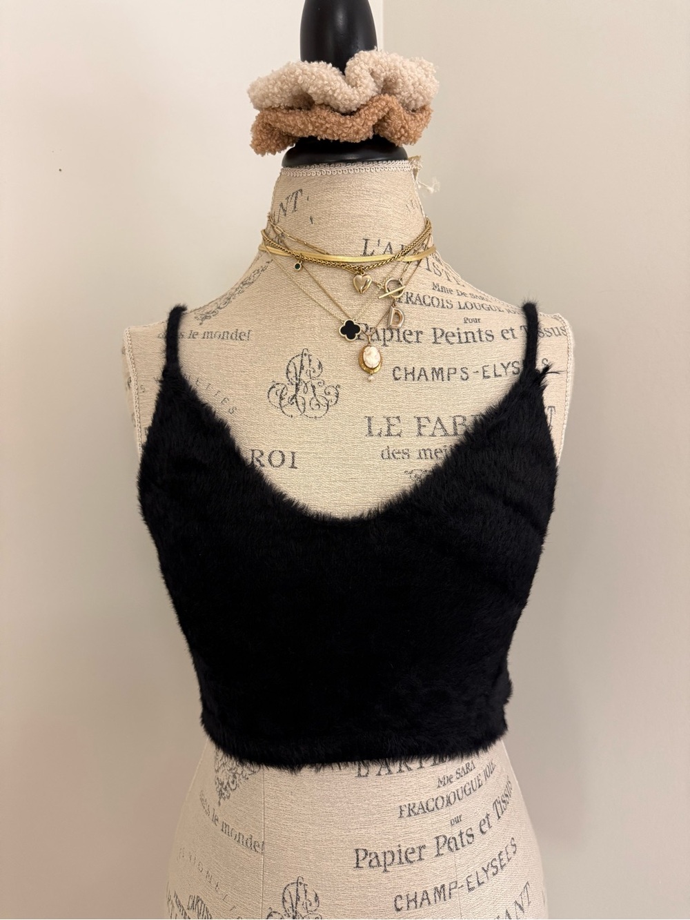 For Love & Lemons Black Fuzzy V-Neck Cropped Tank